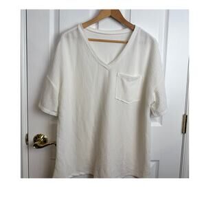 White Ribbed V-Neck Short Sleeve Pocket Tee Relaxed Fit L Normcore Minimalist